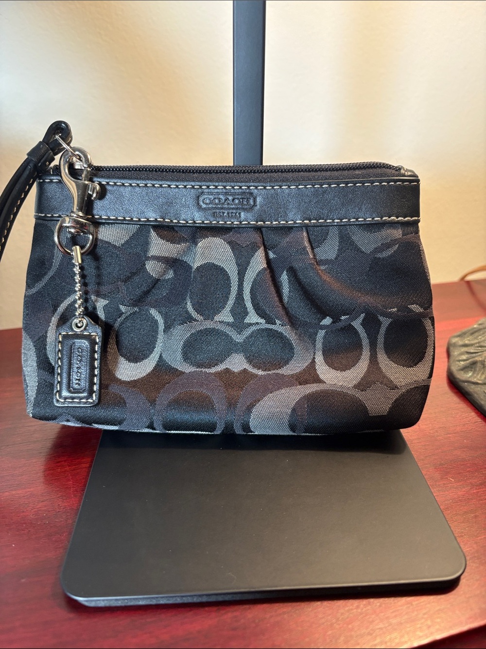 Coach Black and Gray Signature Canvas Wristlet